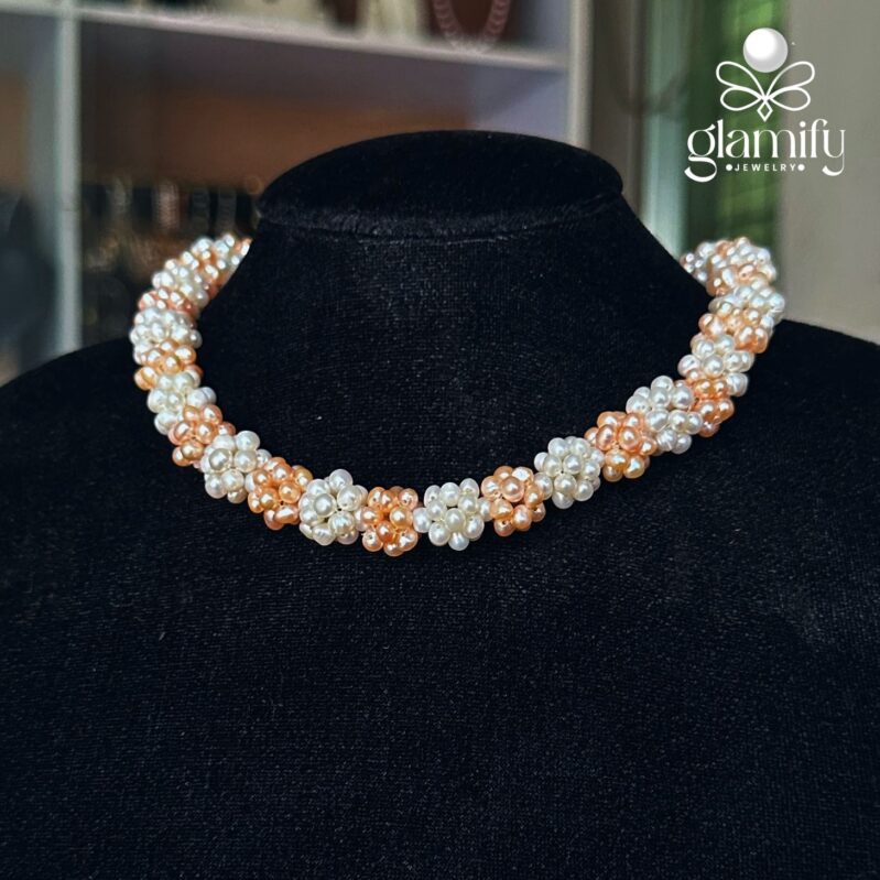 Romantic Pink & White Pearl Flower Collar Choker Necklace