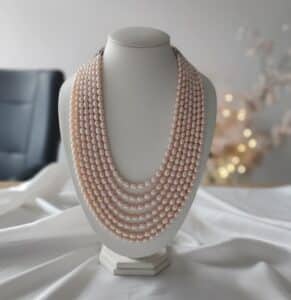 AAA Freshwater Pink Rice Pearl Necklace | 7 Layer | 7–8mm | Adjustable 17–23 Inch