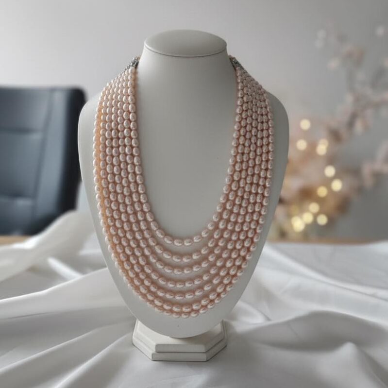AAA Freshwater Pink Rice Pearl Necklace | 7 Layer | 7–8mm | Adjustable 17–23 Inch