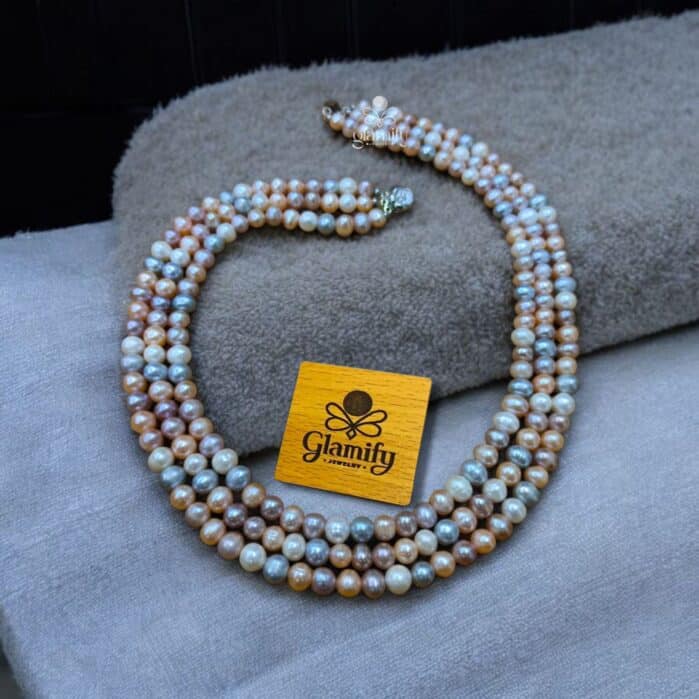 Original Fresh Water Pearl Necklace  Multi Color 3 Layer - Image 3