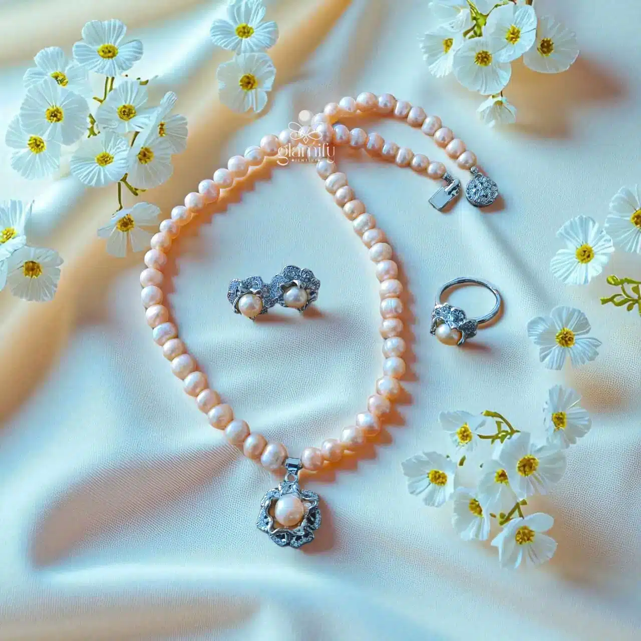 925 Sterling Silver - Pink Freshwater Pearl Pendant Set - Image 4