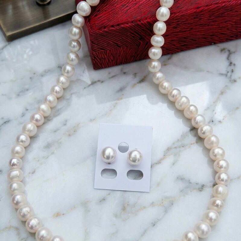 White Color 7-8 MM Original Fresh Water Pearl Necklace with Earring