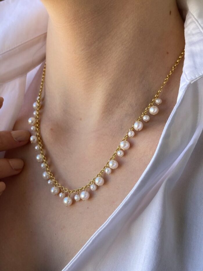 18K Gold plated  Handmade Fresh water  Pearl Chain Link Necklace for Women, - Image 2