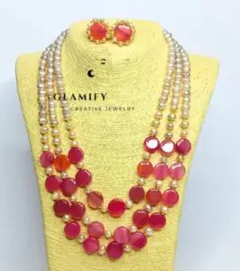 7-8 mm Royal Elegance: 3-Layered Round Pearl Necklace with Exquisite Stones