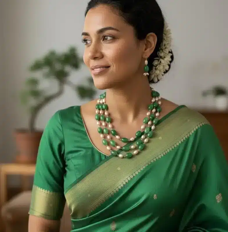 Fresh water pearl & Panna Stone  with earring