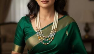 Fresh water pearl & Onex Multi stone 3layer Necklace with earring