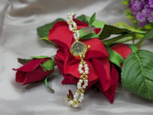 Pearl Watch - Double-Strand Freshwater Pearls with Golden Dial