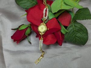 White Pearl Watch with 3-4mm AAA Grade Pearls and Golden Dial