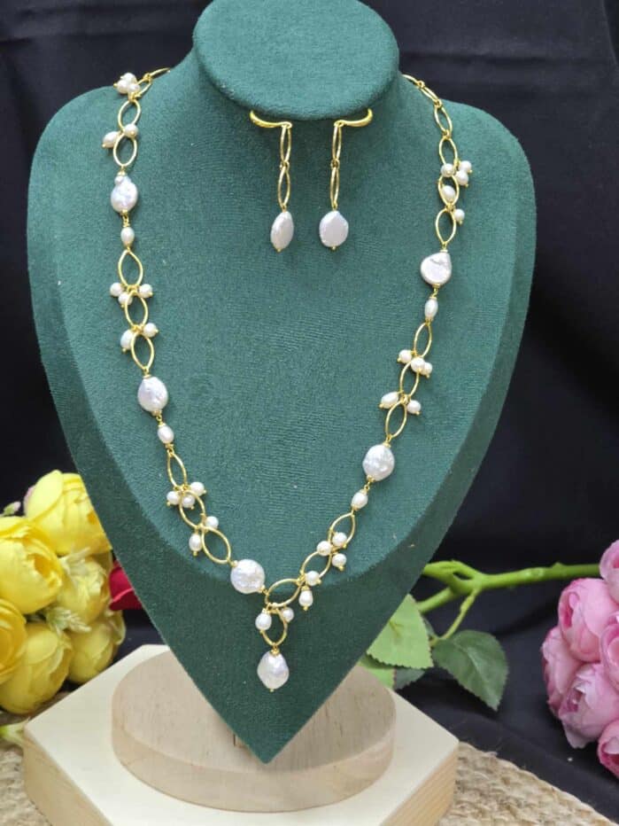 Freshwater Coin & Round Pearl Set with 14K Gold Plated Unique Design - Image 2
