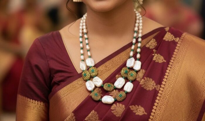 Handcrafted Baroque Pearl Necklace Set with Gold-Plated Beads & Earrings