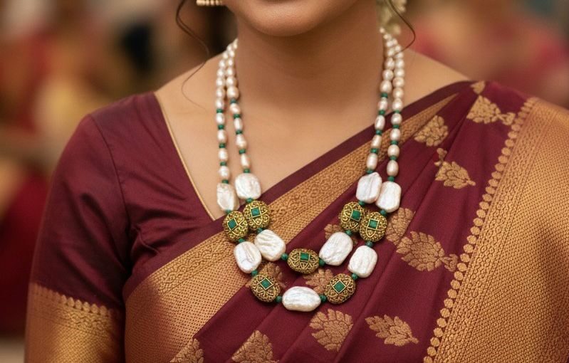 Handcrafted Baroque Pearl Necklace Set with Gold-Plated Beads & Earrings