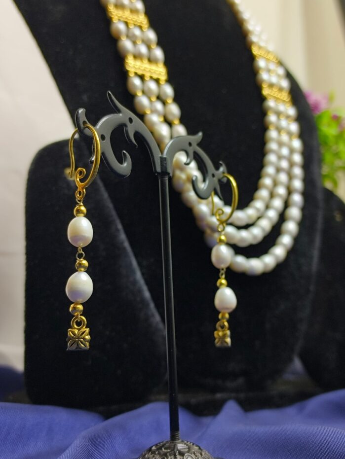 Triple Layer White Rice Pearl Necklace Set with Matching Earrings - Image 2