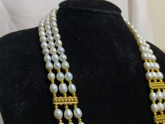 Triple Layer White Rice Pearl Necklace Set with Matching Earrings - Image 5