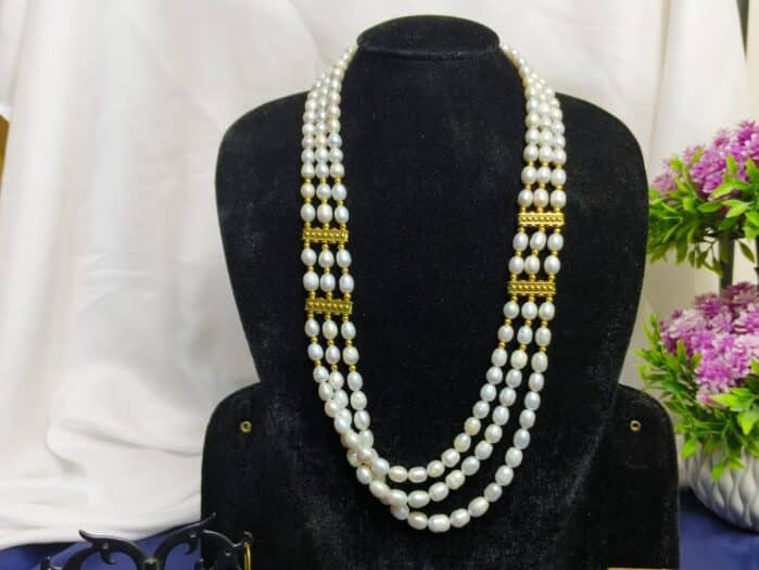 Triple Layer White Rice Pearl Necklace Set with Matching Earrings - Image 4