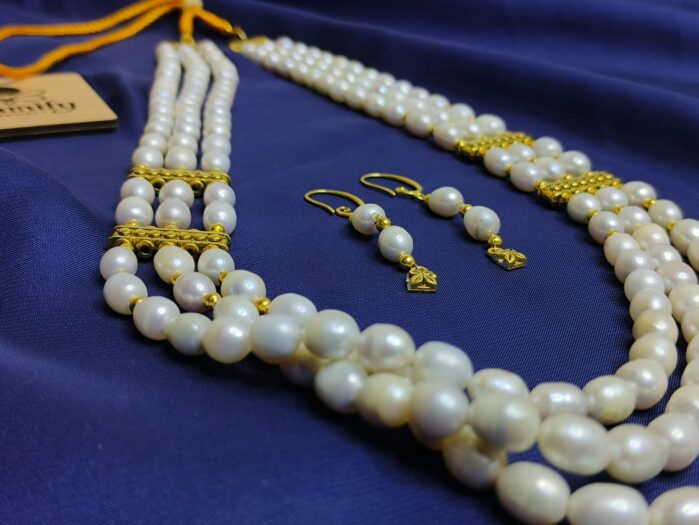 Triple Layer White Rice Pearl Necklace Set with Matching Earrings - Image 6
