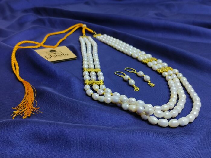 Triple Layer White Rice Pearl Necklace Set with Matching Earrings - Image 3
