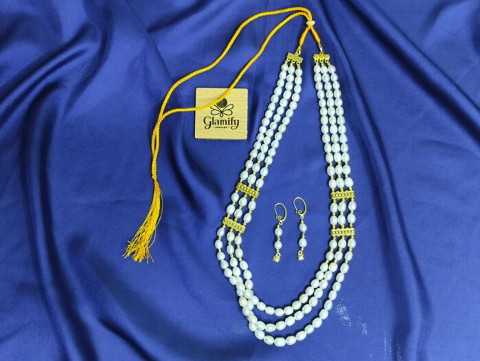 Triple Layer White Rice Pearl Necklace Set with Matching Earrings - Image 7