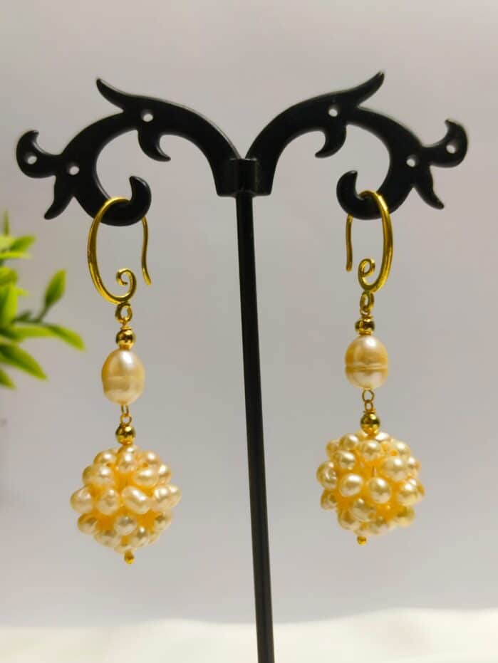 Handcrafted Soft Pink Cluster Pearl Earrings with Gold Hooks