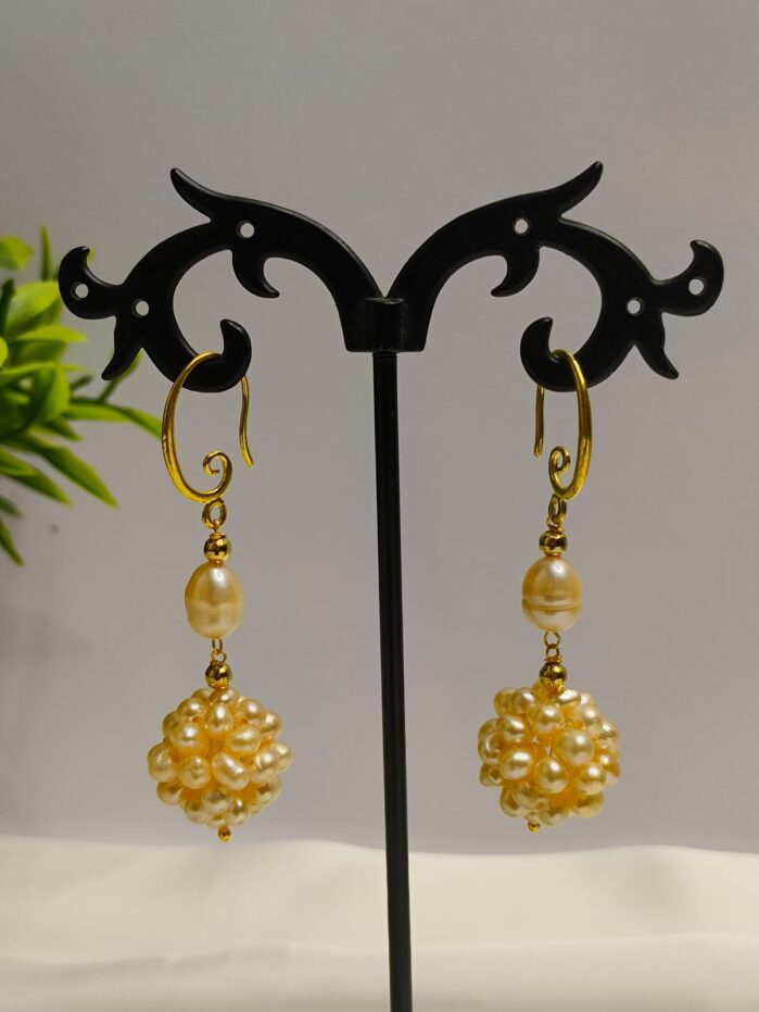 Handcrafted Soft Pink Cluster Pearl Earrings with Gold Hooks - Image 3