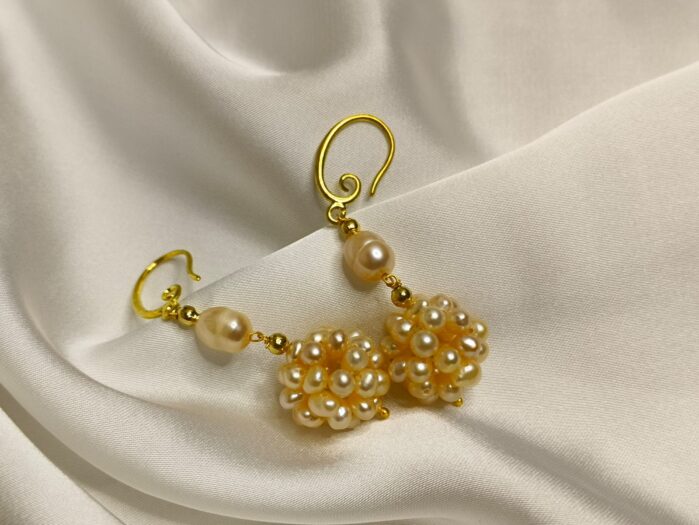 Handcrafted Soft Pink Cluster Pearl Earrings with Gold Hooks - Image 2
