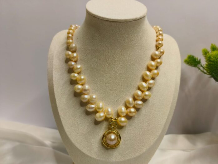Original Soft Pink Freshwater Pearl Necklace with Gold Plated Framed Pendant