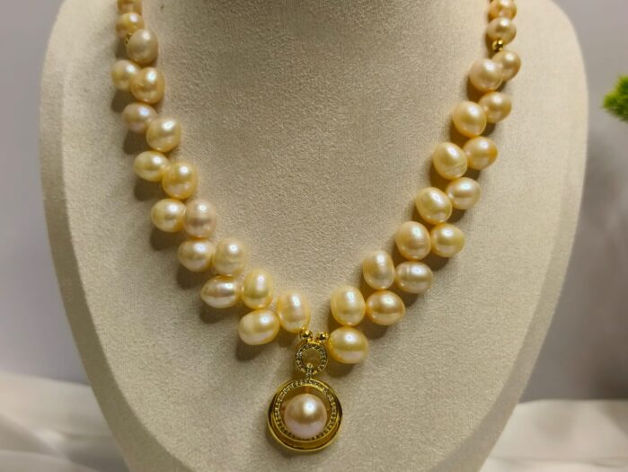Original Soft Pink Freshwater Pearl Necklace with Gold Plated Framed Pendant - Image 2