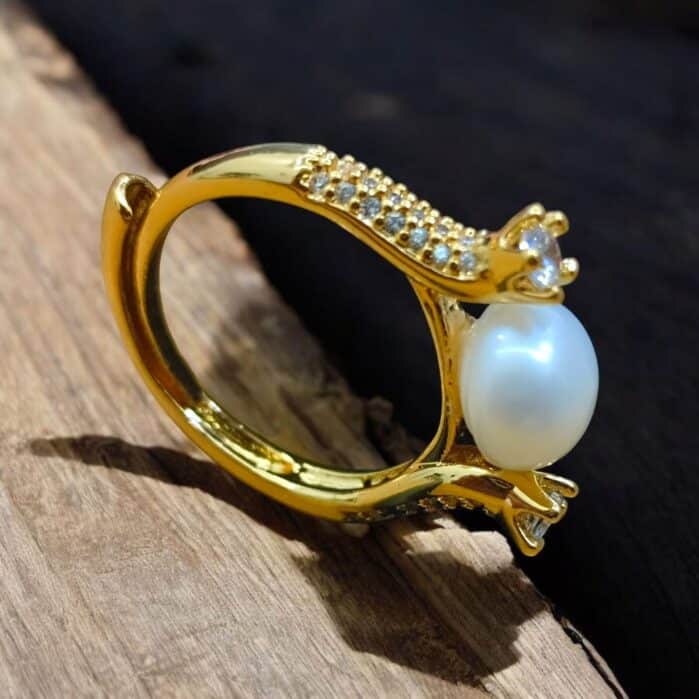Adjustable Freshwater Pearl Ring – 18K Gold Polish with Zircon Detailing - Image 2