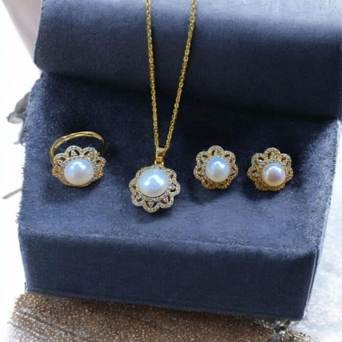 Classic White Freshwater Pearl Jewelry Set – Adjustable Ring, Stud Earrings & Pendant with Chain