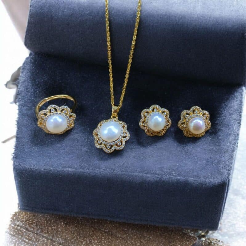 Classic White Freshwater Pearl Jewelry Set – Adjustable Ring, Stud Earrings & Pendant with Chain