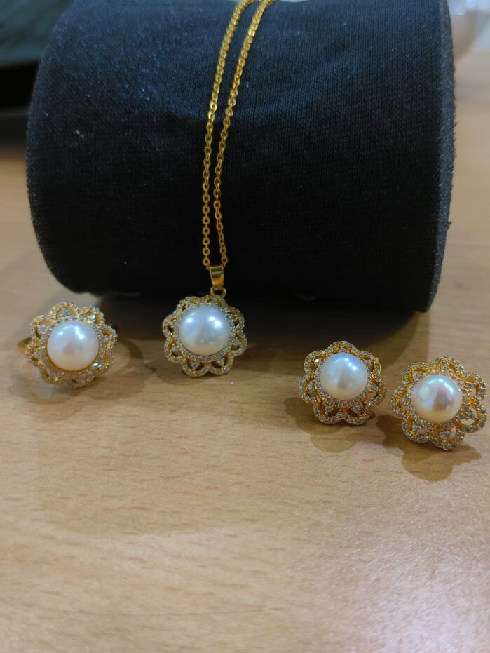 Classic White Freshwater Pearl Jewelry Set – Adjustable Ring, Stud Earrings & Pendant with Chain - Image 2