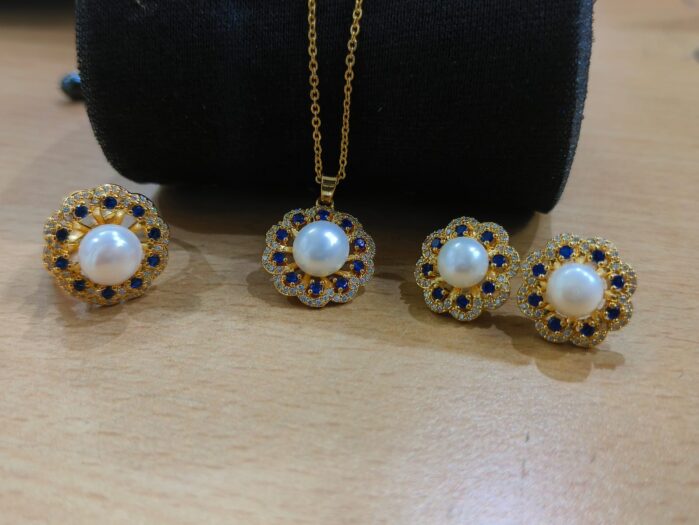 Royal Pearl Jewelry Set – Freshwater Pearl with Blue Sapphire Accent | Ring, Pendant & Earrings | - Image 3
