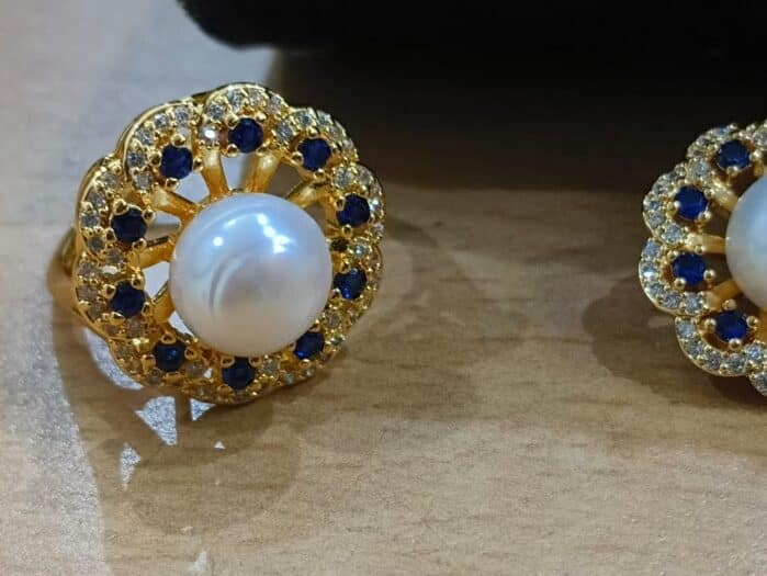 Royal Pearl Jewelry Set – Freshwater Pearl with Blue Sapphire Accent | Ring, Pendant & Earrings | - Image 2