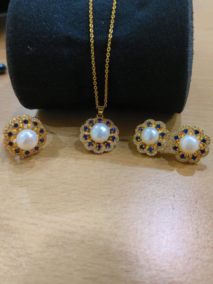 Royal Pearl Jewelry Set – Freshwater Pearl with Blue Sapphire Accent | Ring, Pendant & Earrings |
