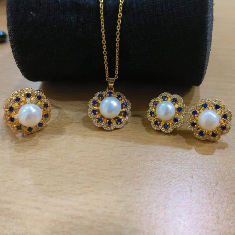 Royal Pearl Jewelry Set – Freshwater Pearl with Blue Sapphire Accent | Ring, Pendant & Earrings |