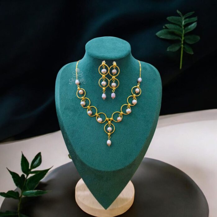 Purple Freshwater Pearl Necklace & Earrings Set with Gold-Plated Circle Design