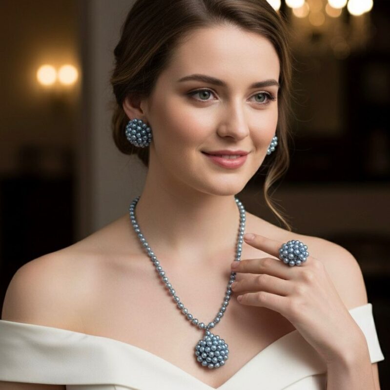 Deep Gray Cluster Pearl Necklace Set with Earrings and Adjustable Ring