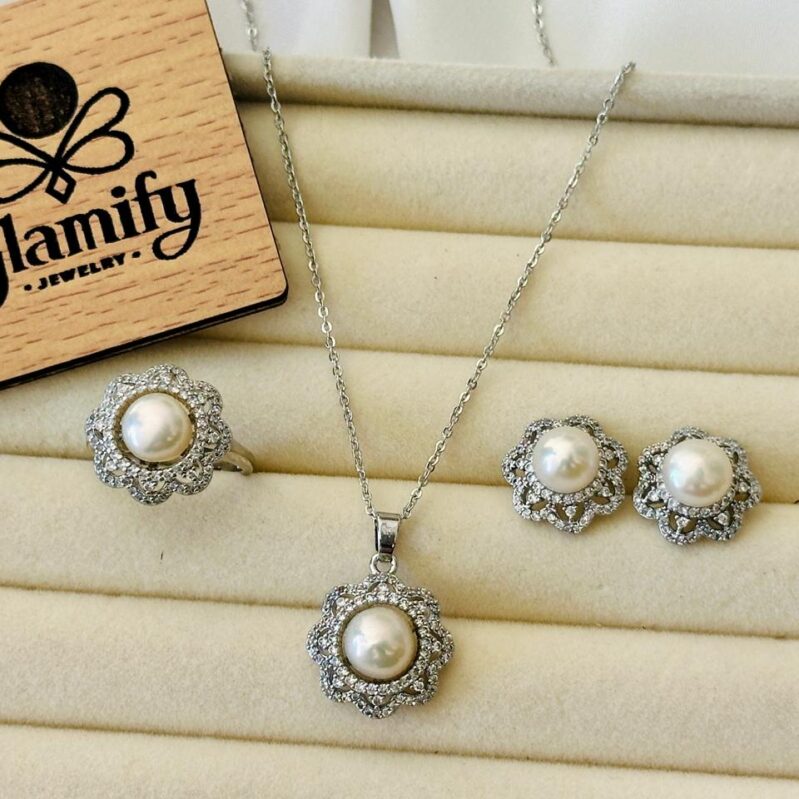 Classic White Freshwater Pearl Jewelry Set – Adjustable Ring, Stud Earrings & Pendant with Chain