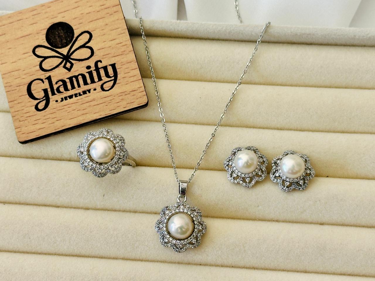 Classic White Freshwater Pearl Jewelry Set – Adjustable Ring, Stud Earrings & Pendant with Chain
