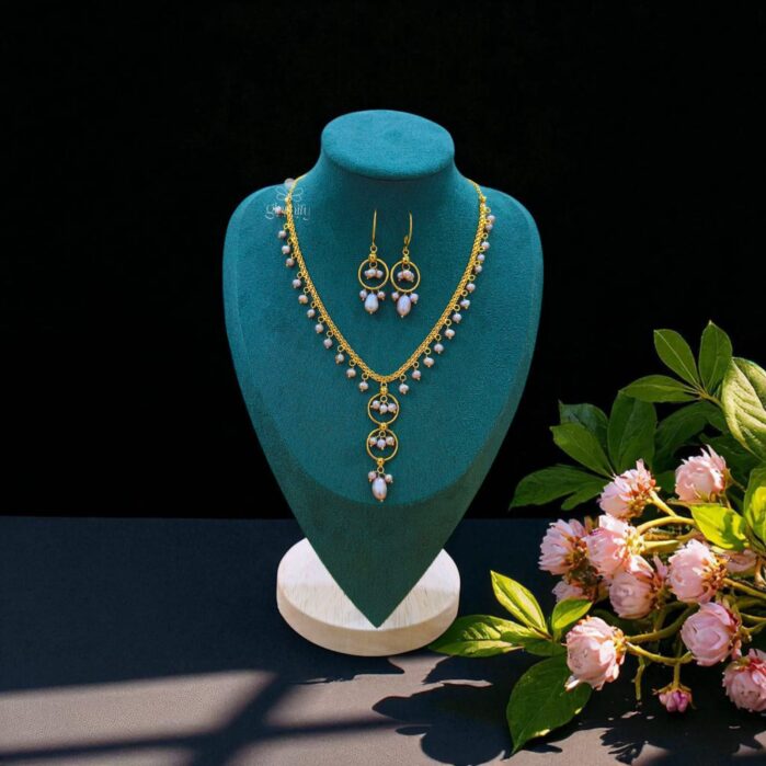 Freshwater Pearl Drop Necklace & Earring Set with Golden Chain