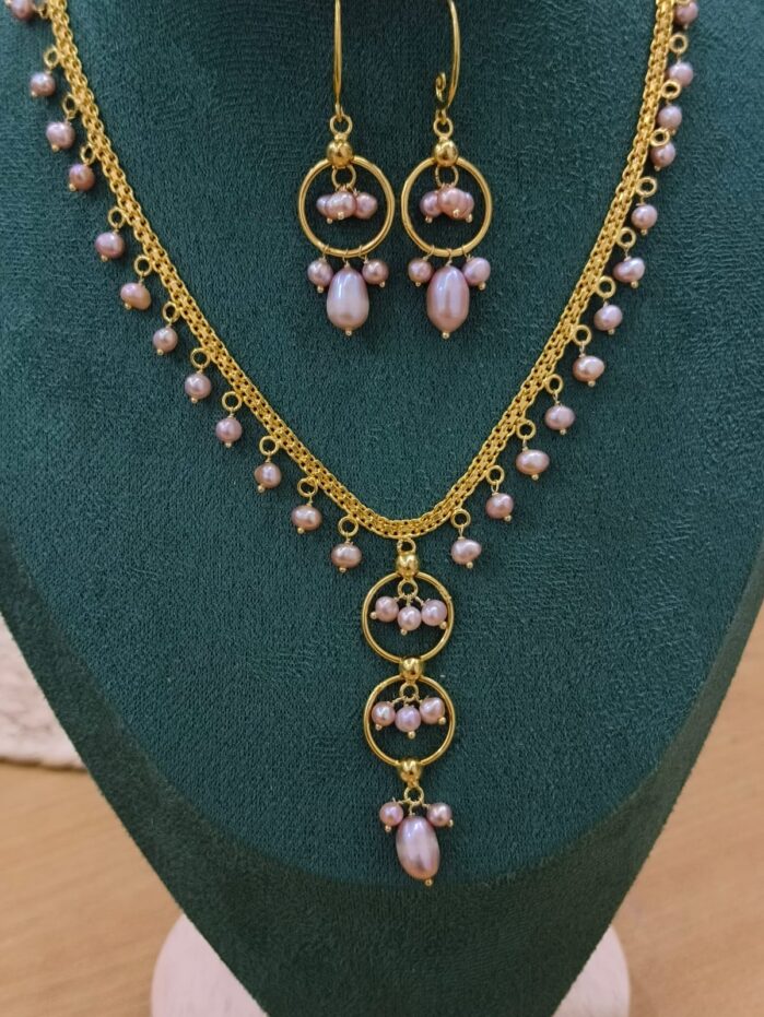Freshwater Pearl Drop Necklace & Earring Set with Golden Chain - Image 2