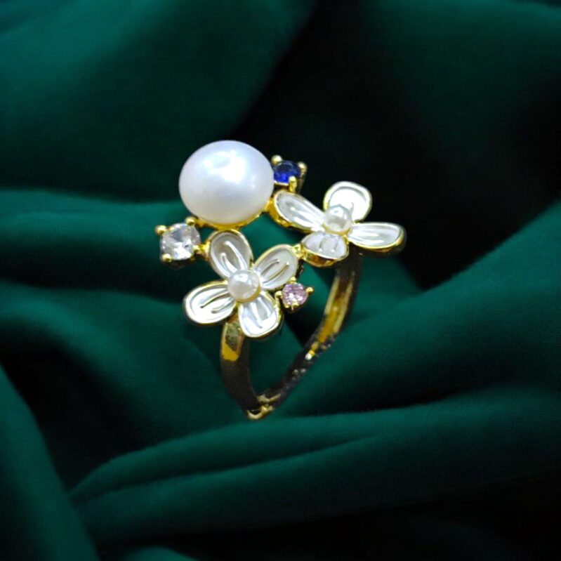 Floral Pearl Charm Adjustable Ring – Gold Plated