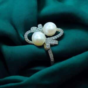 Twin Pearl Crystal Loop Adjustable Ring – Silver Finish