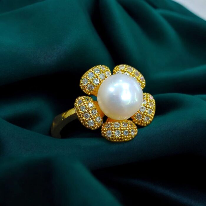 Bold Floral Pearl Ring – Gold Plated, Adjustable Fit - Image 2