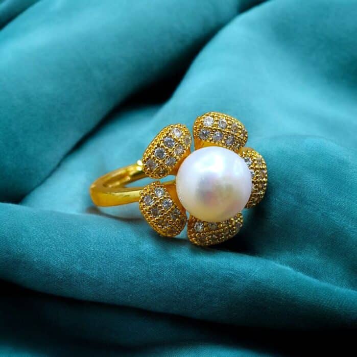 Bold Floral Pearl Ring – Gold Plated, Adjustable Fit