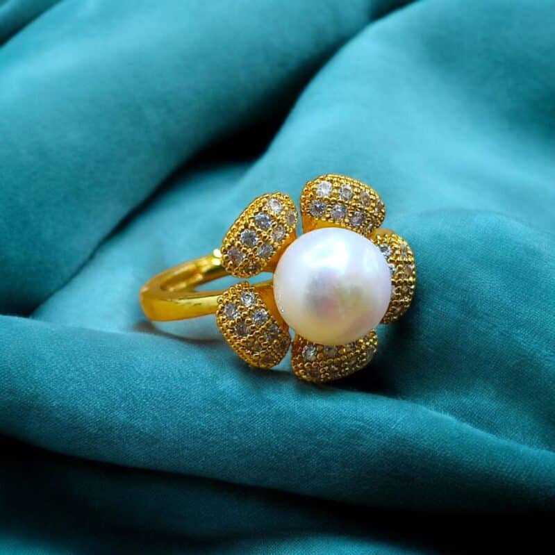 Bold Floral Pearl Ring – Gold Plated, Adjustable Fit