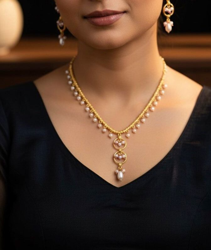 Freshwater Pearl Drop Necklace & Earring Set with Golden Chain