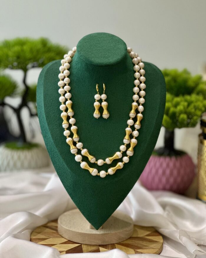 9mm Freshwater Pearl 2-Layer Necklace Set with Matching Earrings (Gold Accent Design)