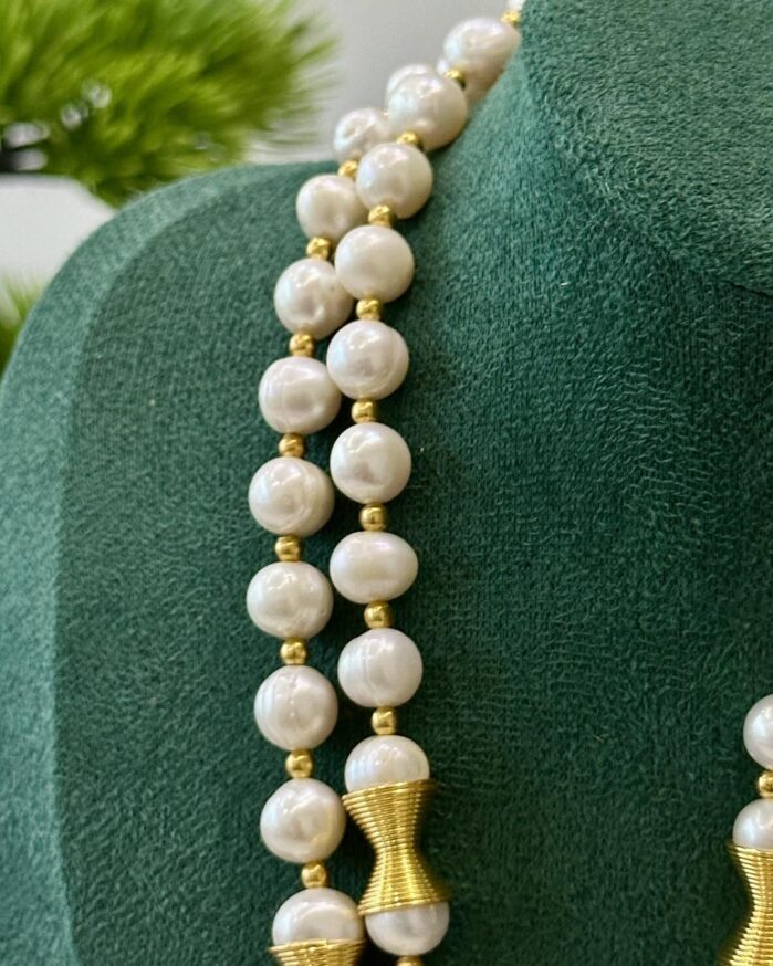 9mm Freshwater Pearl 2-Layer Necklace Set with Matching Earrings (Gold Accent Design) - Image 4