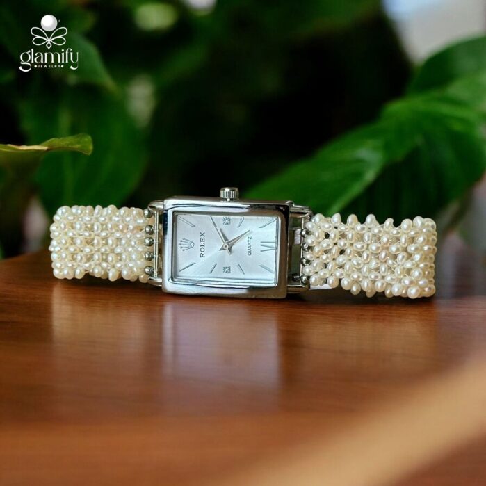 Rolex-Inspired Rectangular Pearl Strap Watch