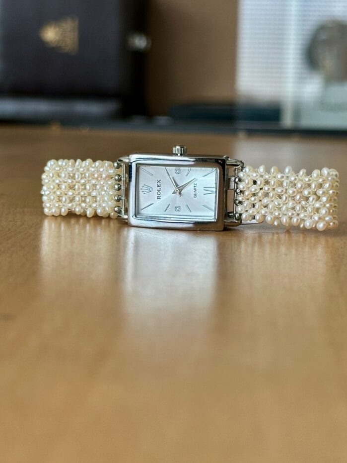 Rolex-Inspired Rectangular Pearl Strap Watch - Image 2